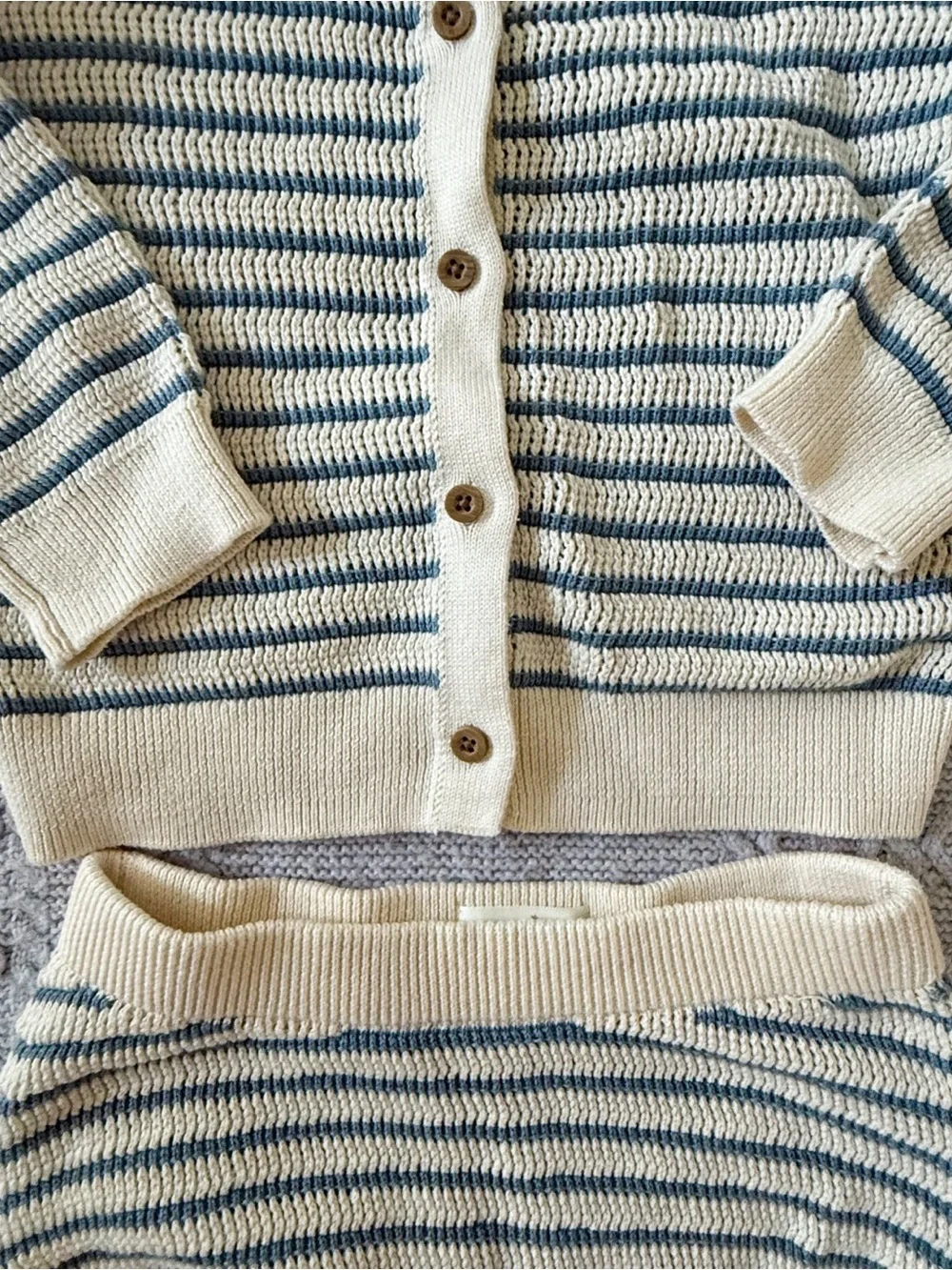 Cream and Blue Striped Ruffle Collar Knit Cardigan + Bloomers Matching Set 24M